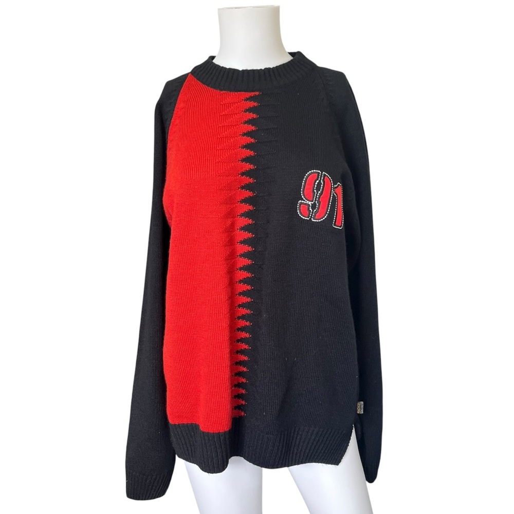 Vintage Outlaw Jeans Varsity Sweater Split Colorblock Black Red Knit 91 Size XL